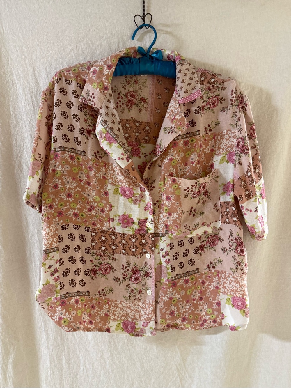 Floral Patchwork Button-Up Blouse in Pink and Brown